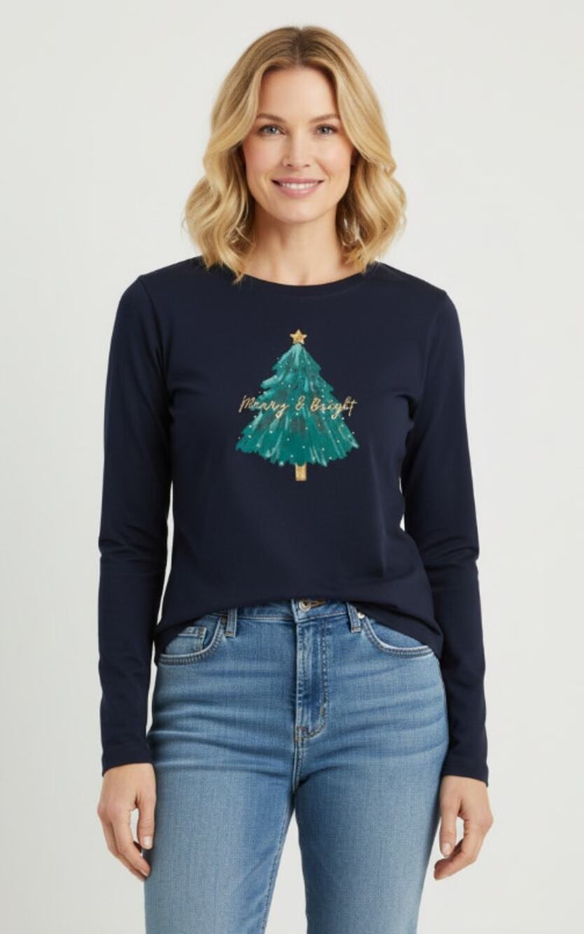 TALBOTS TOP WOMENS MEDIUM 100% COTTON MERRY & BRIGHT CHRISTMAS TEE SHIRT NAVY